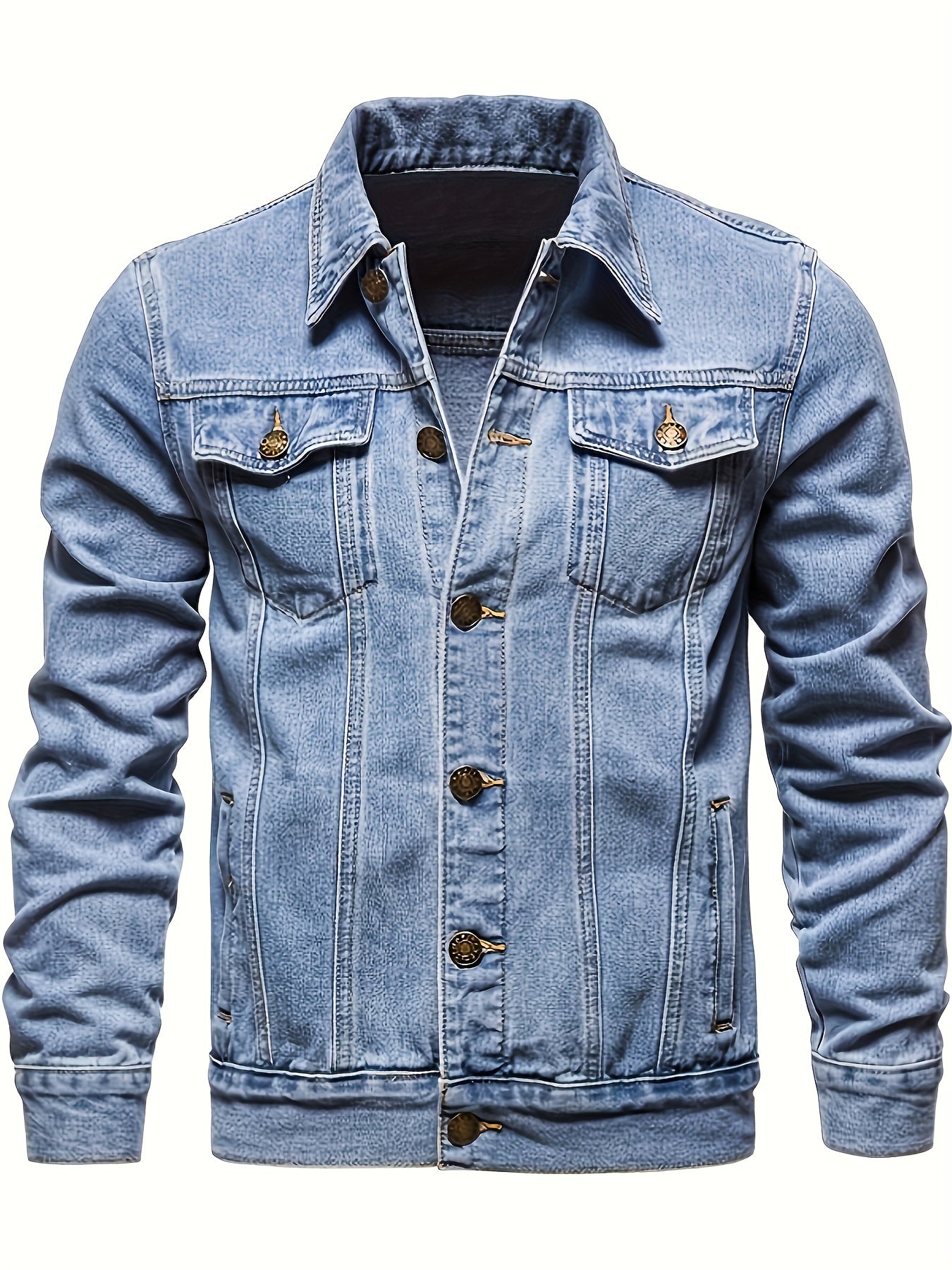 Men's Chic Washed Denim Jacket, Casual Street Style Button Up Contrast Stitching Jacket For Fall Winter