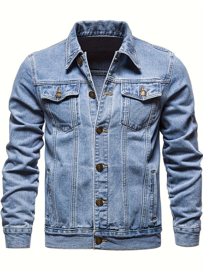 Men's Chic Washed Denim Jacket, Casual Street Style Button Up Contrast Stitching Jacket For Fall Winter