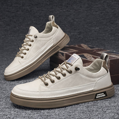 Men's Casual Low-Top Sneakers in Light Beige - Versatile All-Season White Shoes with Elastic Laces, Durable PU Upper & PVC Sole, Comfortable Fabric Insole for Casual Attire