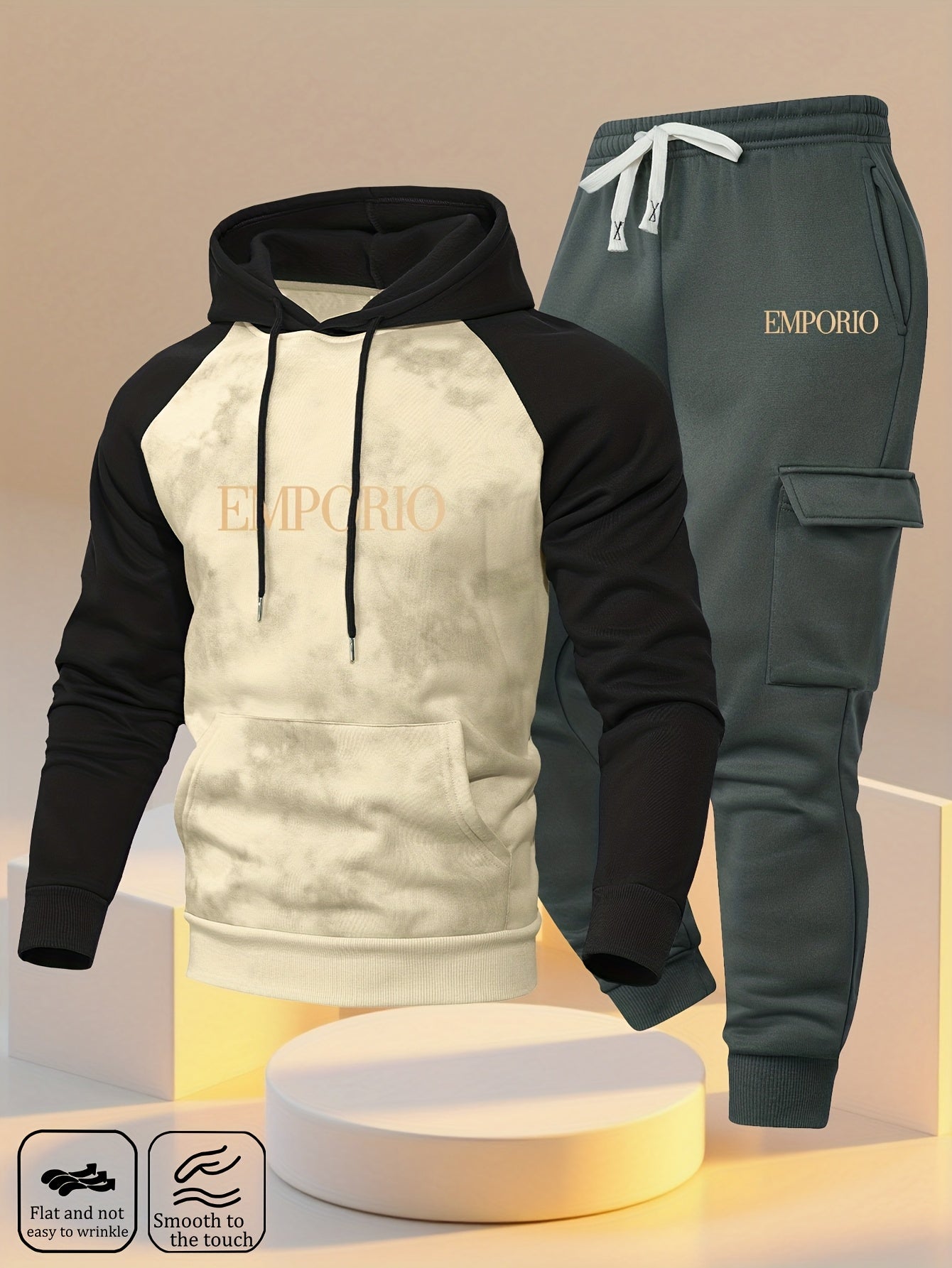 New Trendy Fashion Raglan Sleeve Colorblock Hoodie and Loose Cuffed Drawstring Cargo Pants with Multiple Pockets, Casual Daily Comfortable Versatile Breathable Hooded Sweatshirt and Loose Long Pants 2pcs Set with Stylish Prin
