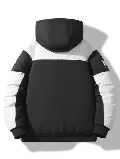 Men'S Casual Motorcycle Jacket, Warm Pilot Fashion Top 6023, 100% Polyester Hooded Collar with Alphabet Pattern, Long Sleeve Regular Fit, Non-Stretch Woven Fabric, Zipper Placket, with Pockets - 280gsm