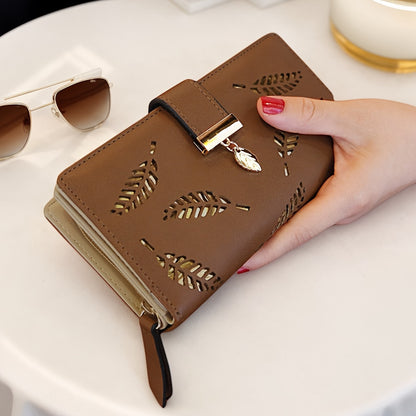 Perfect Christmas Gift for Her: Elegant Women's Long Wallet with Hollow Leaf Pattern & Gold Metal Pendant, Detachable ID Window, Zipper Coin Purse, Multiple Card Slots - Stylish PU  Clutch in Khaki, Blue, Black, Brown, Pink