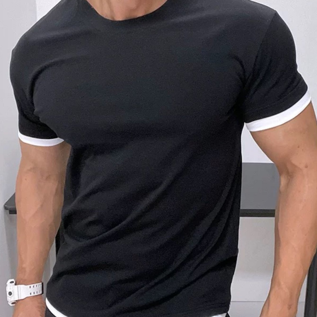 Men's Classic Summer Casual Short Sleeve T-Shirt - Black with White Trim, Round Neck, Stretch Fabric, Comfortable  Stylish for Casual Attire, Twiceiquest Fashion   Faux Twopiece   Smooth Texture