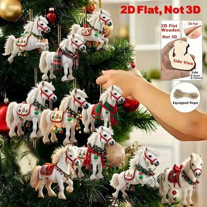 2D Flat, 10pcs White Horse Christmas Tree Ornaments - 2D Flat Hanging Decorations with Red & Green Harnesses, No Electricity Needed