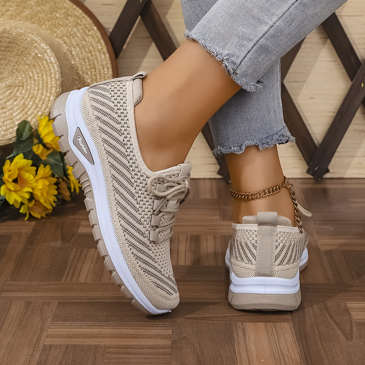 Women'S Knit Casual Sneakers - Stylish Striped Weave Pattern, Breathable Non-Slip Comfort Shoes with Rubber Sole for Outdoor Wear