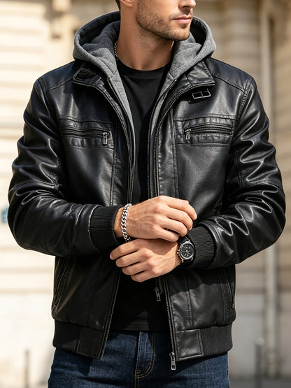 Men's Slim Fit Faux Leather Hooded Jacket for Fall Winter