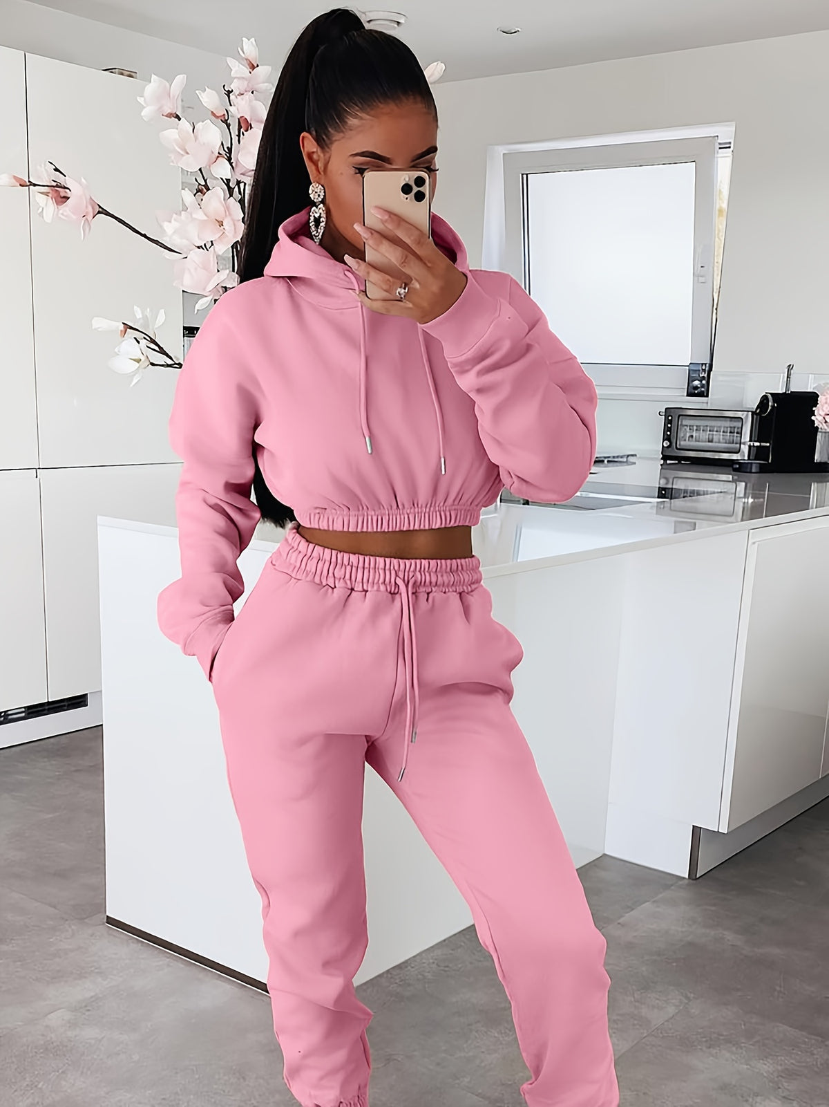 Women's Autumn Winter Fleece Hooded Sweatshirt Two-Piece Set - ayq