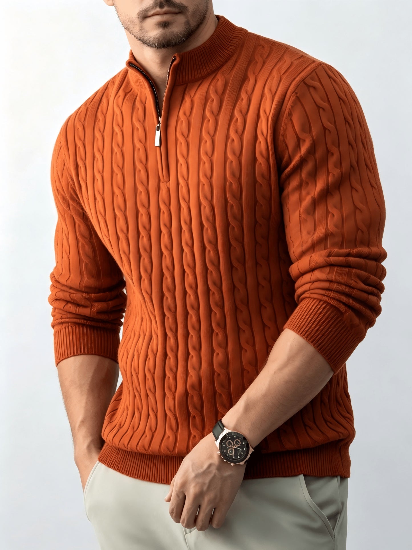 Men's Spring/Fall Half-Zip Stand Collar Cable Knit Sweater