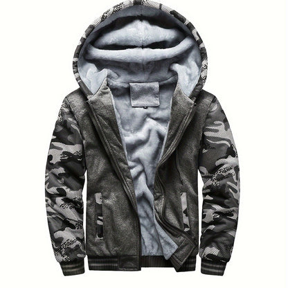 Color Block Sherpa Lined Men's Hooded Jacket, Casual Long Sleeve Hoodies With Zipper, Gym Sports Hooded Coat For Winter Fall