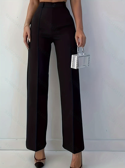 Elegant High-Waist Slim Pants for Women - Solid Color, Polyester, Machine Washable - Perfect for All Seasons