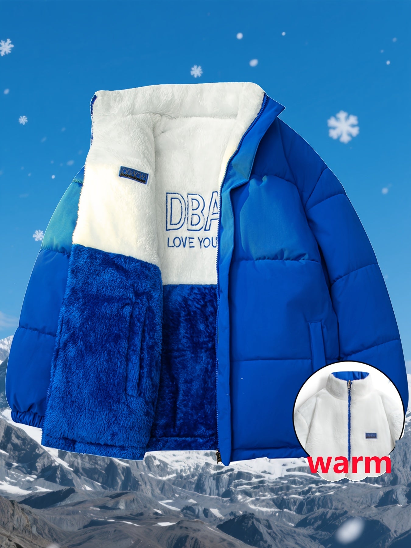 Men's Dual-Sided Insulated Jacket with Full-Zip Closure & Stand Collar - Reversible Winter Coat with Warm Filling, Machine Washable, White & Black Outer Layers, Casual & Formal Outerwear for Skiing, Snowboarding, Everyday Use