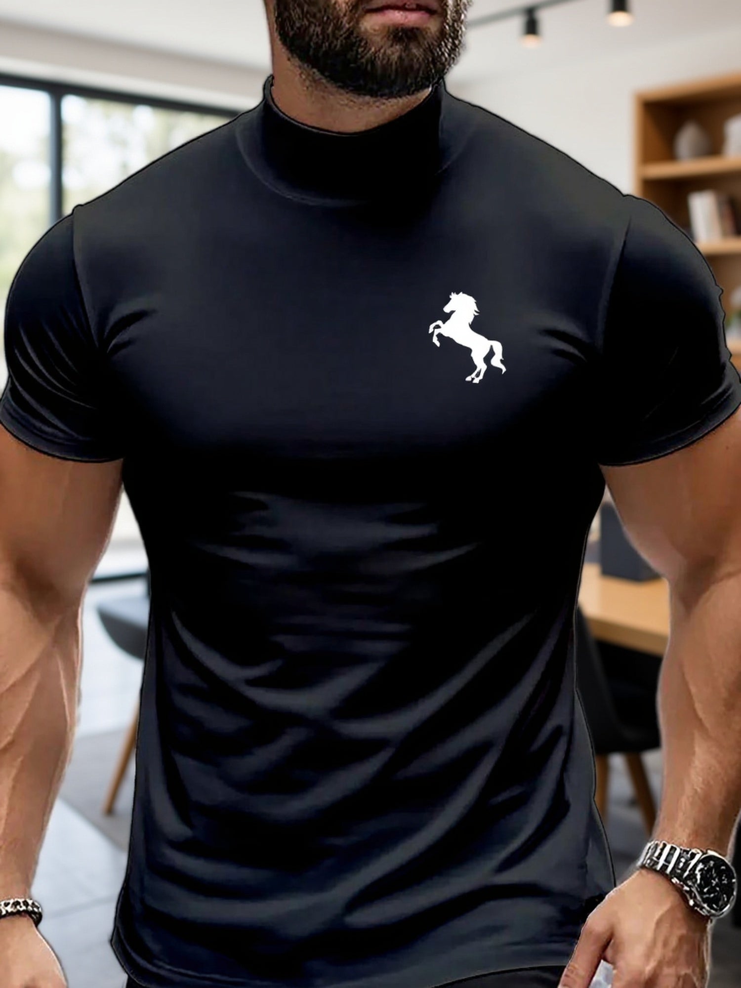 Men'S Casual High Neck Short Sleeve T-Shirt | Fashionable Easy Creative Horse Pattern for Fitness and Running, Medium Stretch Fabric, All-Season Wear - ayq