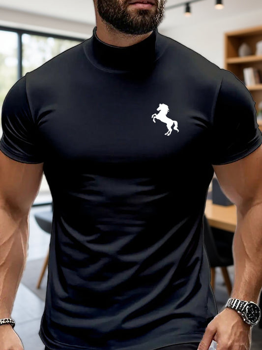Men'S Casual High Neck Short Sleeve T-Shirt | Fashionable Easy Creative Horse Pattern for Fitness and Running, Medium Stretch Fabric, All-Season Wear - ayq