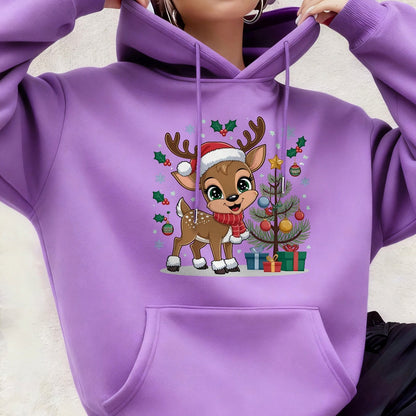 Women'S Christmas Hoodie - Thick Fleece-Lined Winter Sweatshirt with Deer & Snowflakes, Plaid Santa Hat Design, Cozy Casual Pullover for Holiday Party Outfits