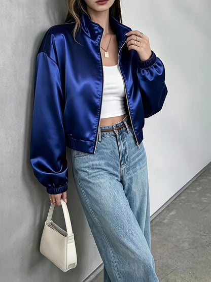 Women's Lightweight Satin Zipper Jacket with Mandarin Collar