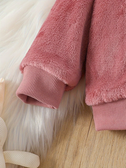 Adorable Cartoon Rabbit Embroidered Two-Piece Set for Youngsters - Soft Coral Fleece Outfit with Matching Pants, Perfect for Fall/Winter Casual Wear, Youngsters'S Playwear|Playful Design|Stretchy Fabric, Youngsters Girl Cloth