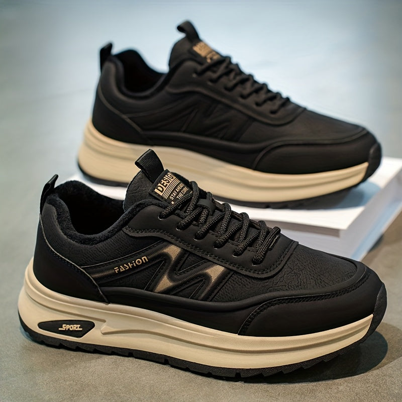 Տղամարդկանց ձմեռային ջերմային ցածրակրունկ սպորտային կոշիկներ՝ տաք, ամբողջությամբ սև, կլոր քթով, կապիչներով, հարմար են բացօթյա, ամենօրյա կրելու համար՝ ռետինե ներբանով և վերին մասով։