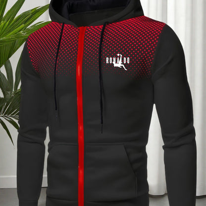 Men's Red Hooded Zip-Up Jacket with Logo Patch Pocket - Logo Personalization, Full-Zip Front Closure, Hooded Collar & Black Zipper - Casual Sportswear Winter Coat for Gym,, Streetwear () - Logo Printing Service, Mens Clothes,
