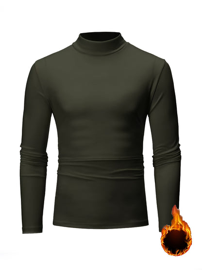 Men's Solid Long Sleeve Turtleneck Stretch T-shirt, Casual Comfy Warm Top For Fall Winter, Men's Clothing