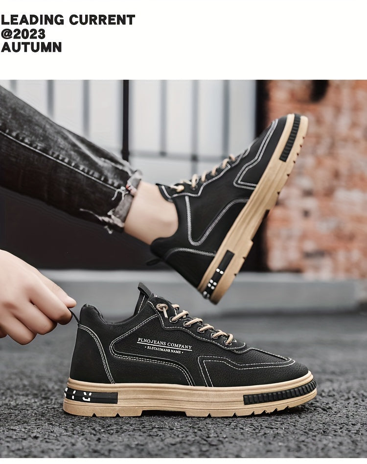 Men's All-Season Work Shoes - Anti-Slip, Durable, Breathable Low-Top Lace-Up Sneakers in Black with PU Upper & PVC Sole, Perfect for Casual & Outdoor Activities