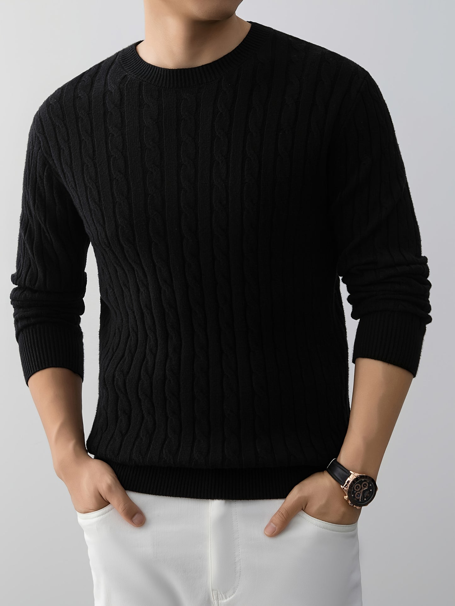 Men's Thick Winter Knit Sweater - High-Elastic Breathable Round Neck Pullover with Cross-Over Collar & Asymmetric Hem, Warm Casual Sweater for Fall/Winter, Machine Washable (Suitable for Daily Wear, Parties, Skiing) - Non- So
