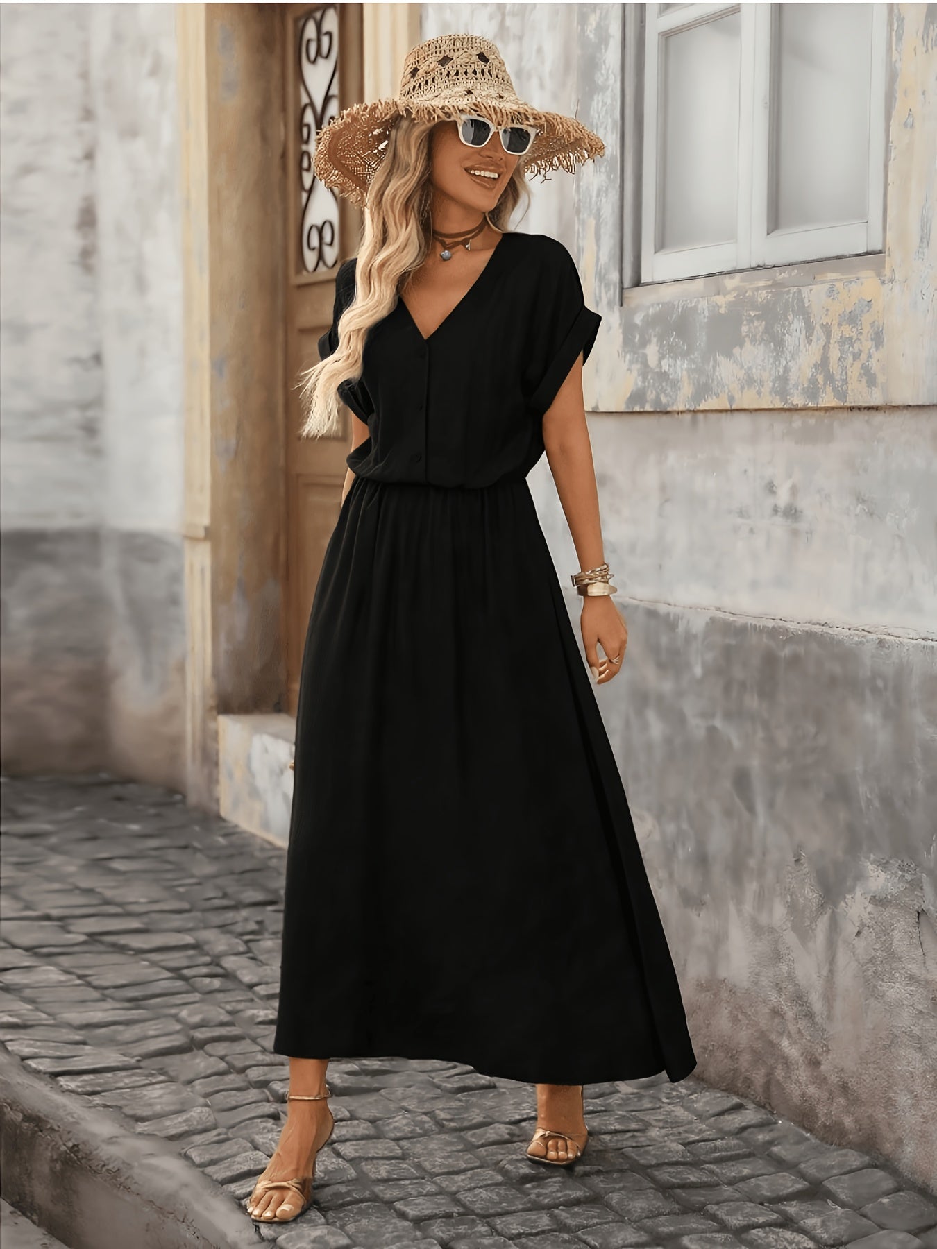 Women's Summer V-Neck Peplum Dress, Lightweight Polyester