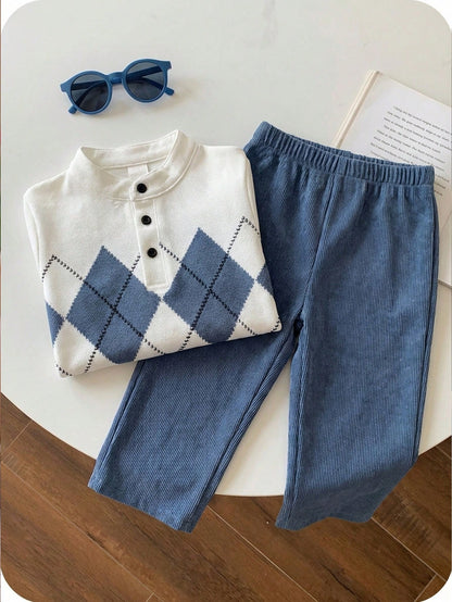 Boys' British Style Rhombus Top & Corduroy Pants Set for Spring
