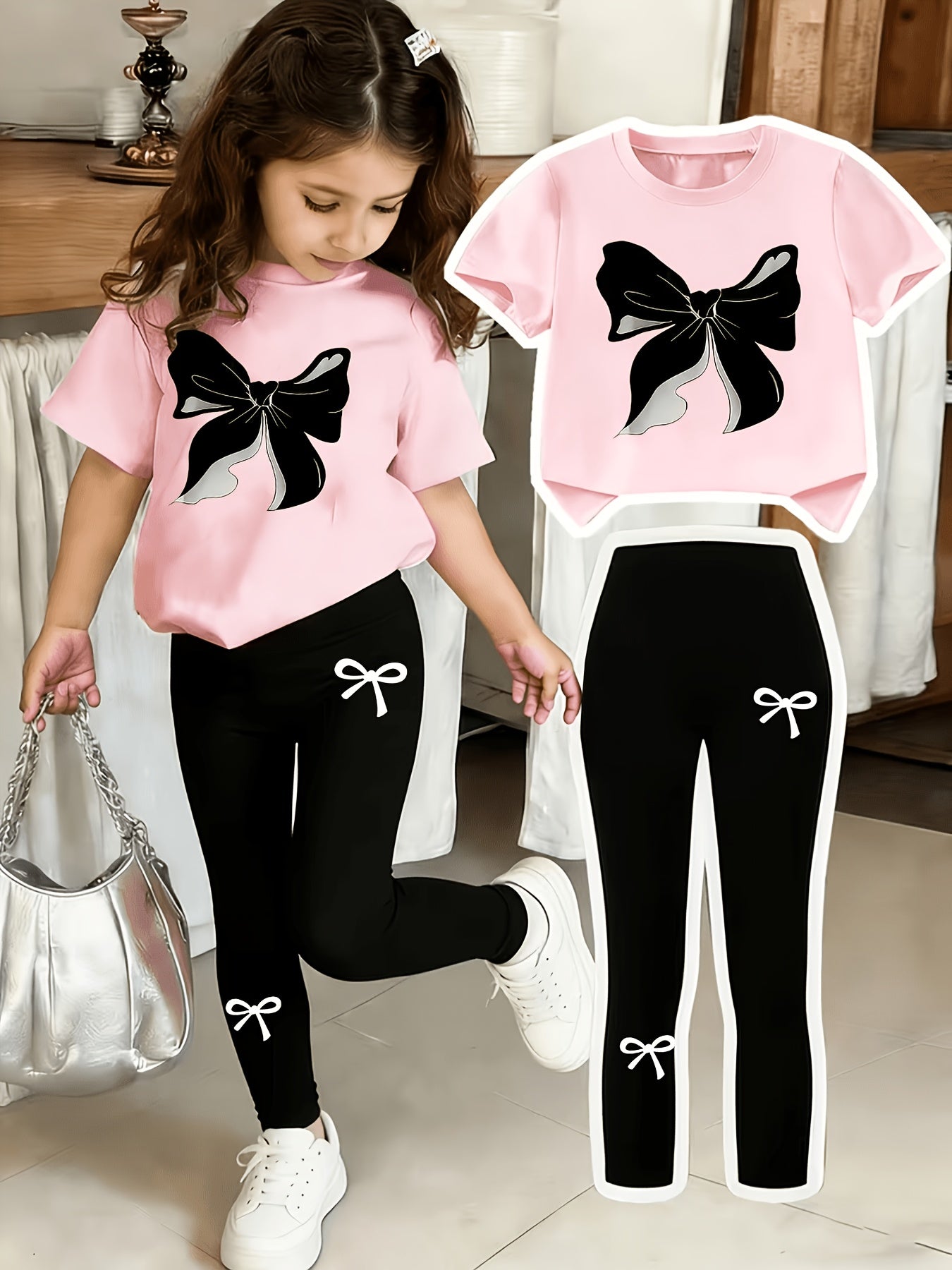 Girls Black Bow Print Top & Leggings Set, Summer Casual