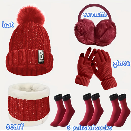 7pcs Winter Thermal Set - Heavy-Duty Cold Weather Outfit with Hat, Gloves, Plush Earmuffs, Thermal Socks - Full Set for Skiing, Snowboarding, Ice Skating, Winter Hiking - Burgundy/Black/White Color Options - Ideal Christmas G