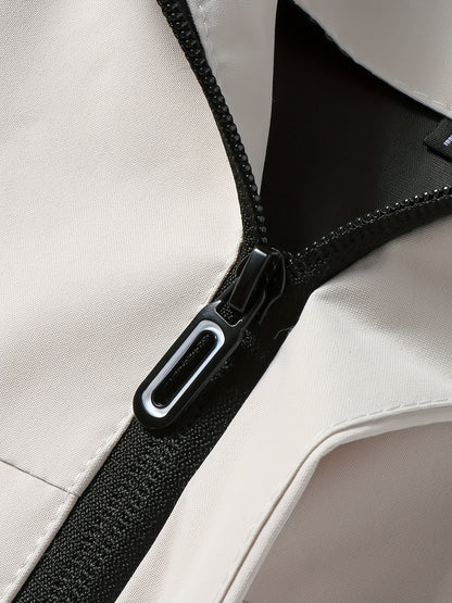 Men'S Stylish Black Hooded Windbreaker Jacket with Zipper Pockets - Casual, Loose Fit, Long Sleeve, Polyester Lining, Perfect for Spring and Fall, Casual Wear Jacket|Hooded Jacket|Zippered Jacke