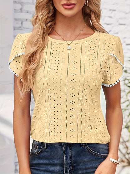 Women'S Elegant Blouse - Soft Pink Round Neck T-Shirt with Floral-like eyelet details, Breathable Loose Fit Top for Casual & Formal Outfits - Everyday Summer Shirt for Women, Ladies T Shirts, Versatile Clothing, Feminine Styl