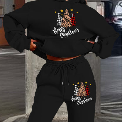 Women'S 2024 New Year Sweatshirt and Pants Set, Hooded Long Sleeve Casual Outfit with Pockets, Polyester Knit Fabric, Geometric Pattern, for Autumn/Winter Season