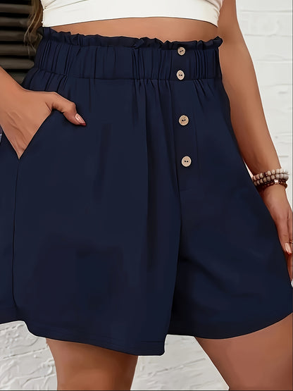 Elegant High-Waist Women's Casual Shorts - Chic Black with Button Detail, Comfy Polyester Blend, Perfect for Summer