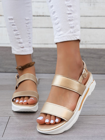 Mhysa Women's Comfortable Open-Toe Platform Sandals with Thick Sole & Golden Buckle Strap - Summer Casual White PU Cover Ankle Strap Sandals for Casual Attire, Ladies Sandals