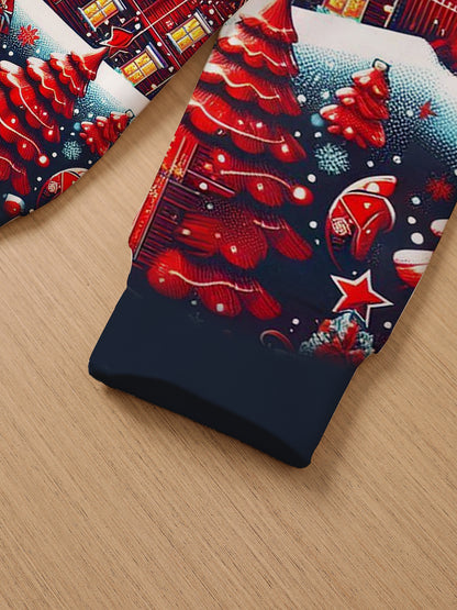 2pcs Boys' Christmas Sweatsuit Set with 3D Santa & Reindeer Print Hooded Sweatshirt & Matching Pants - Red/Green Winter Outfit, Snowflake Patterns, Cozy Casual Wear for /Kids Holiday Party (Hand Washable), Perfect for Outdoor