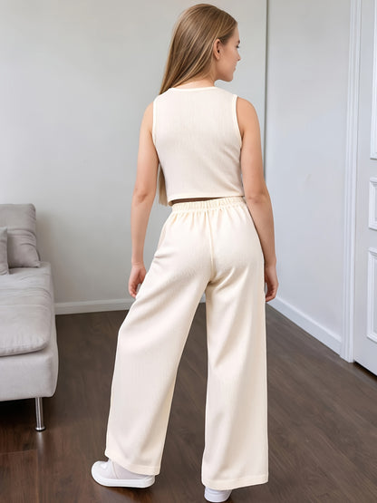Girls' Summer Sleeveless Vest & Wide-Leg Pants Set