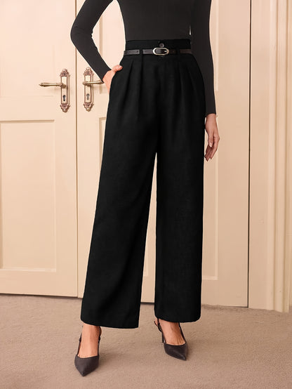 Large Elegant High-Waist Gray Wide Leg Pants for Women - Polyester Blend, Casual Straight Cut, Non-Stretch Solid Color, Long with Button Detail, All-Season Wear