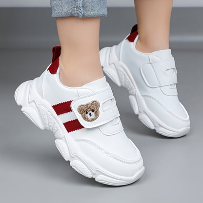 Girls' White Sneakers - Cute Cartoon Bear Design, Casual Low-Top Style with Hook-and-Loop Fastener, Comfortable Microfiber Synthetic Upper, All-Season Wear for Youngsters, Everyday Youngsters's Shoes | Playful Youngsters Snea