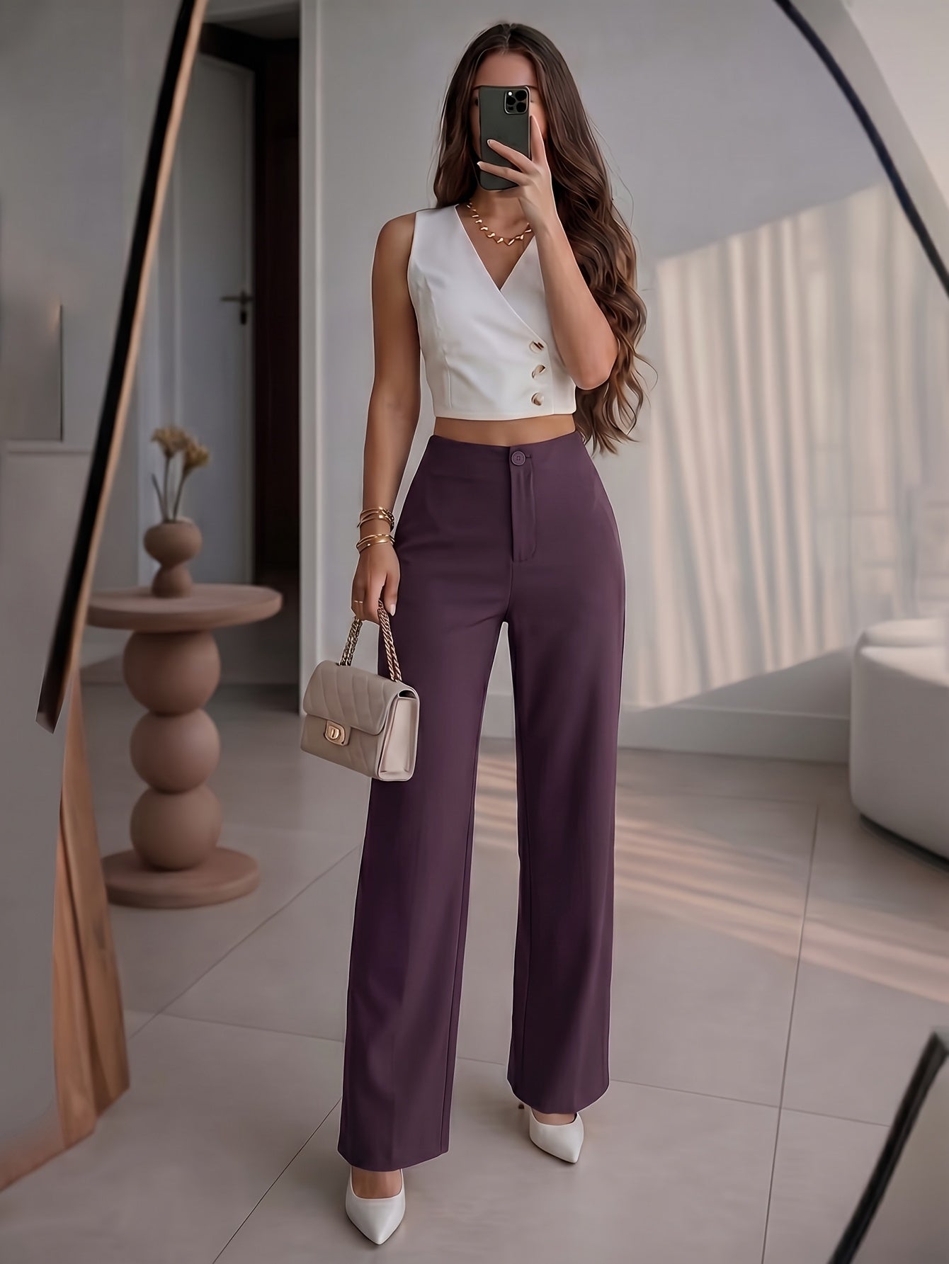 Petite High-Waisted Wide Leg Pants - Chic Draped Straight Trousers