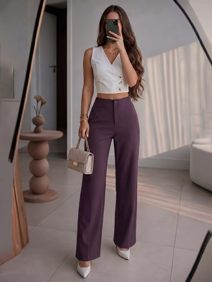 Petite High-Waisted Wide Leg Pants - Chic Draped Straight Trousers