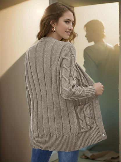 Elegant Women's Cable-Knit Cardigan - Cozy Button-Up V-Neck Sweater Jacket with Pockets, Long Sleeves in Heather Gray, 100% Polyester, Machine Washable for Fall/Winter