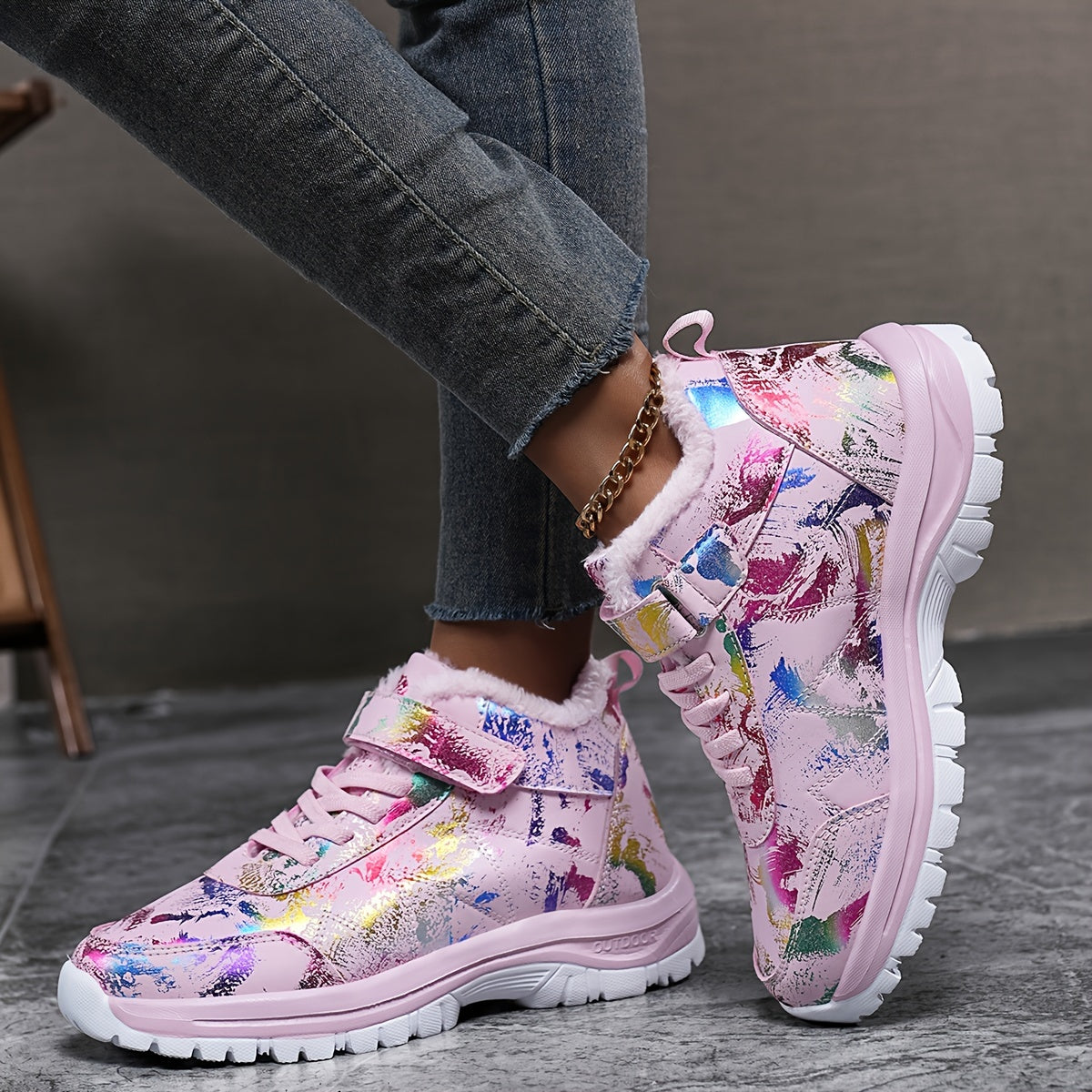 1 Pair Women'S Winter Warm Snow Boots, Fleece-Lined High-Top Outdoor Shoes, Round Toe, Patterned Print, EVA & MD Sole, Fabric Insole - Fashionable Ladies' Footwear