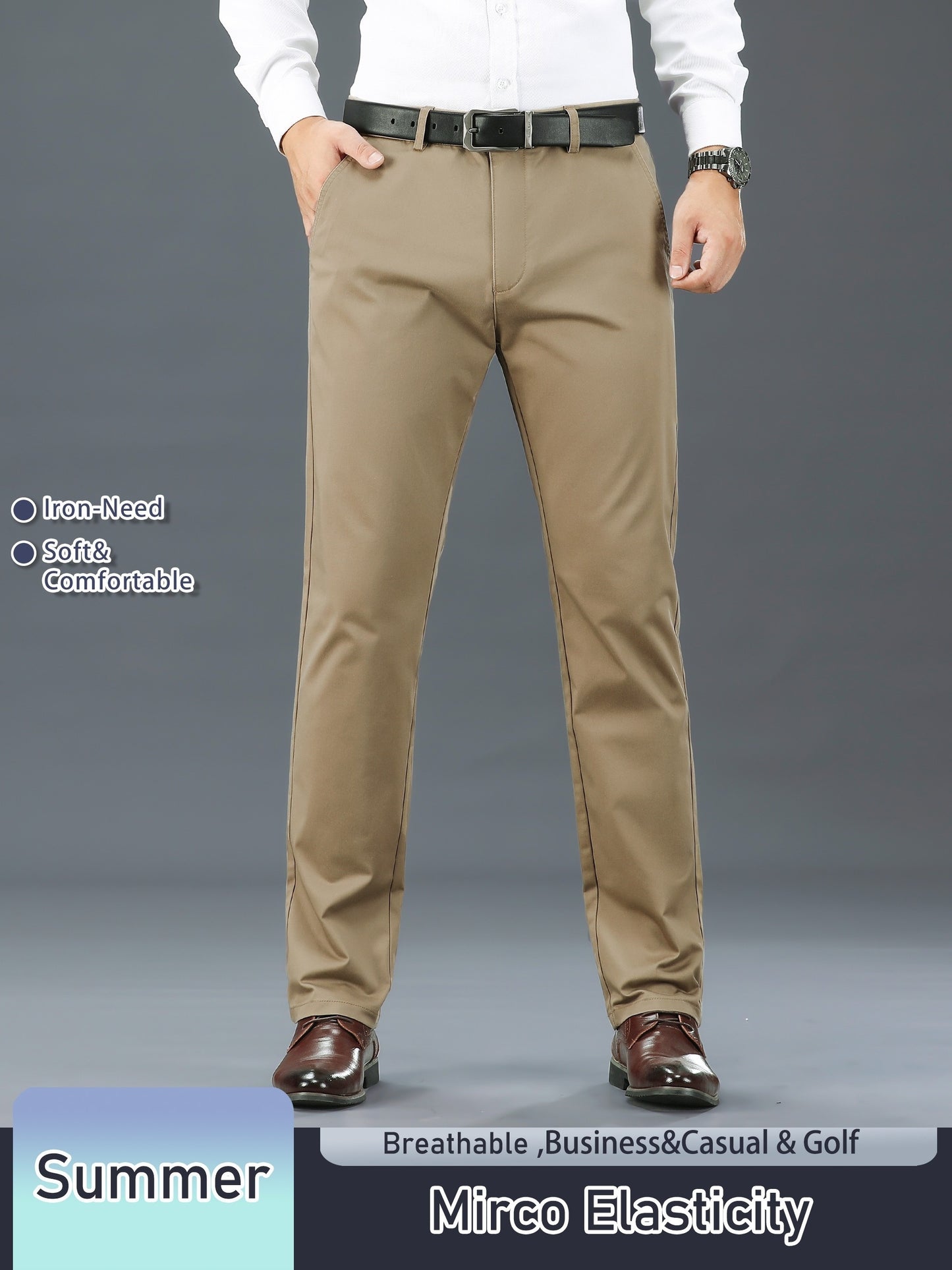 Men's Solid Color Straight Leg Business Style Cotton Blend Pants, Casual Comfy Breathable Outdoor Trousers As Gift