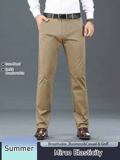 Men's Solid Color Straight Leg Business Style Cotton Blend Pants, Casual Comfy Breathable Outdoor Trousers As Gift
