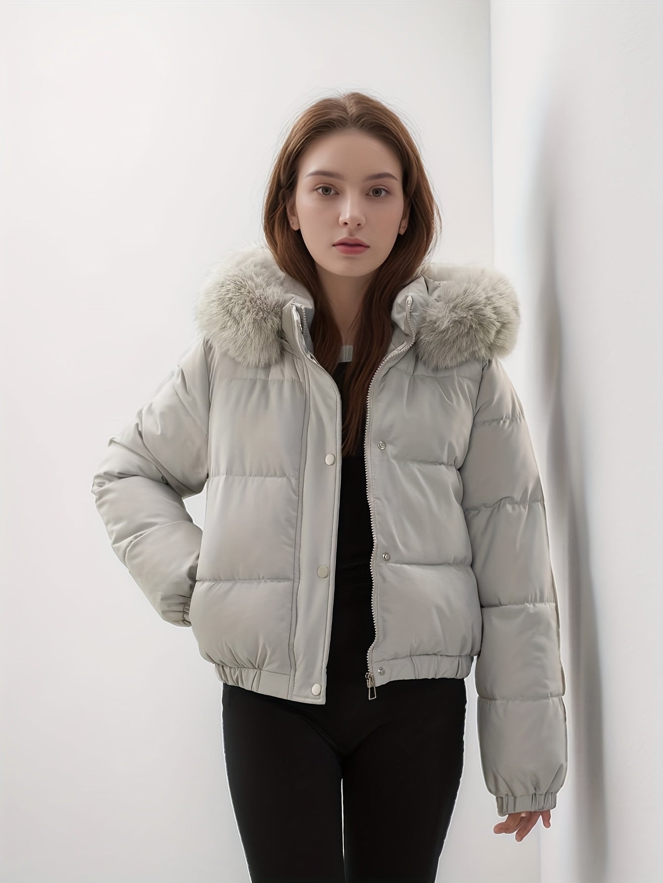 Women'S Winter Coat with Removable Faux Fur Hood - Thickened Loose Fit Long Sleeve Jacket, Zippered Pockets & Button Front, Casual Solid Color Outerwear for Cold Weather, Cozy Warmth, Buttoned Closure, Durable Fabric