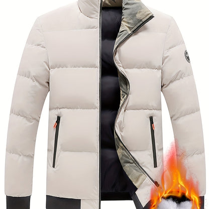 Men's Lightweight Jacket with - Winter Warm Coat, Stand Collar & Zippered Pockets, Beige/ & Black, Machine Washable (No Dry Clean) - Casual & Formal Outerwear for Cold Weather (-Filled)