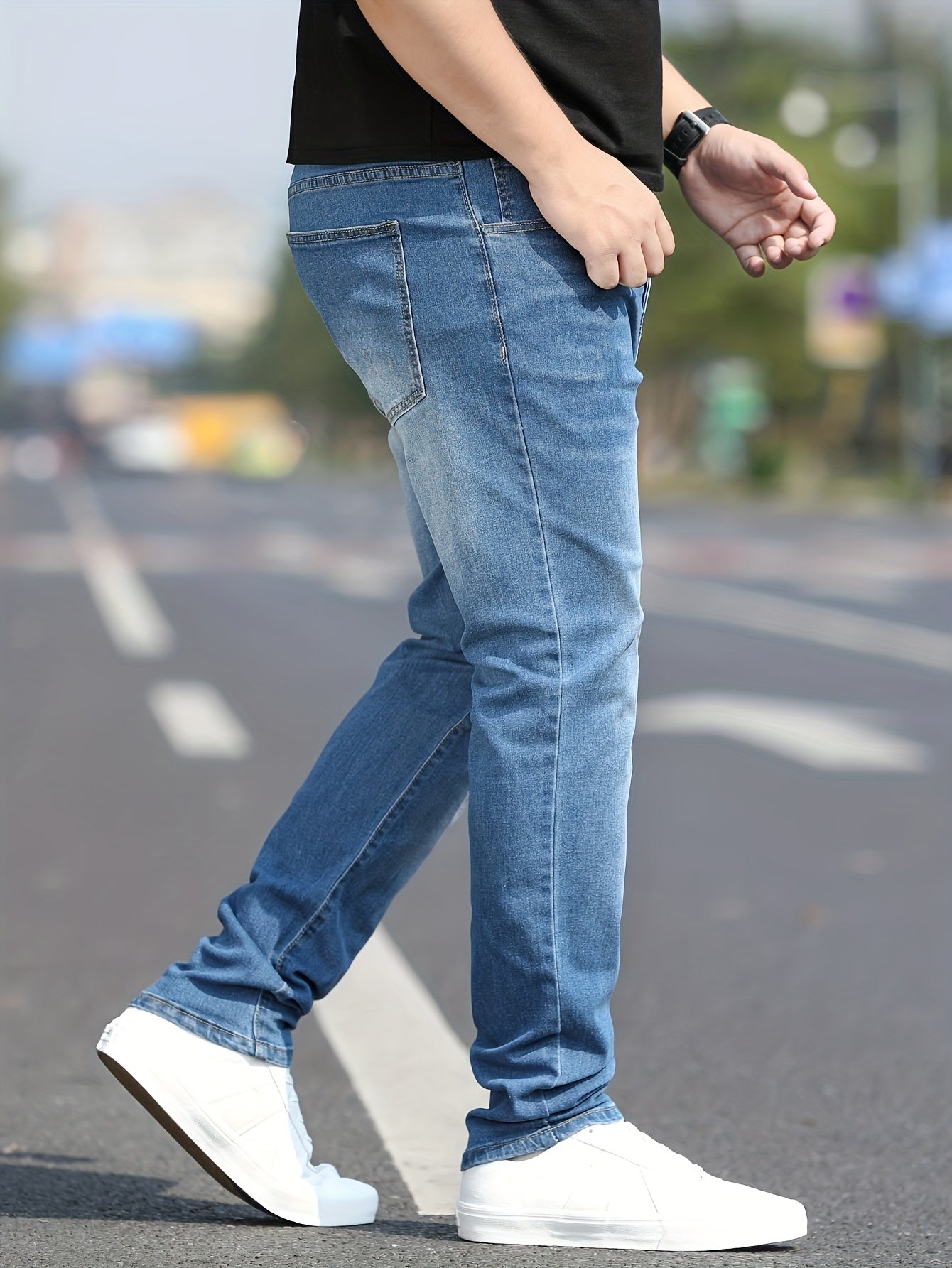 Men's Washed Jeans - Solid Color Casual Straight-Look Pants, Machine-Washable All-Season Fit for Casual Attire & Smart-Casual Outfits (Regular Length) - ayq