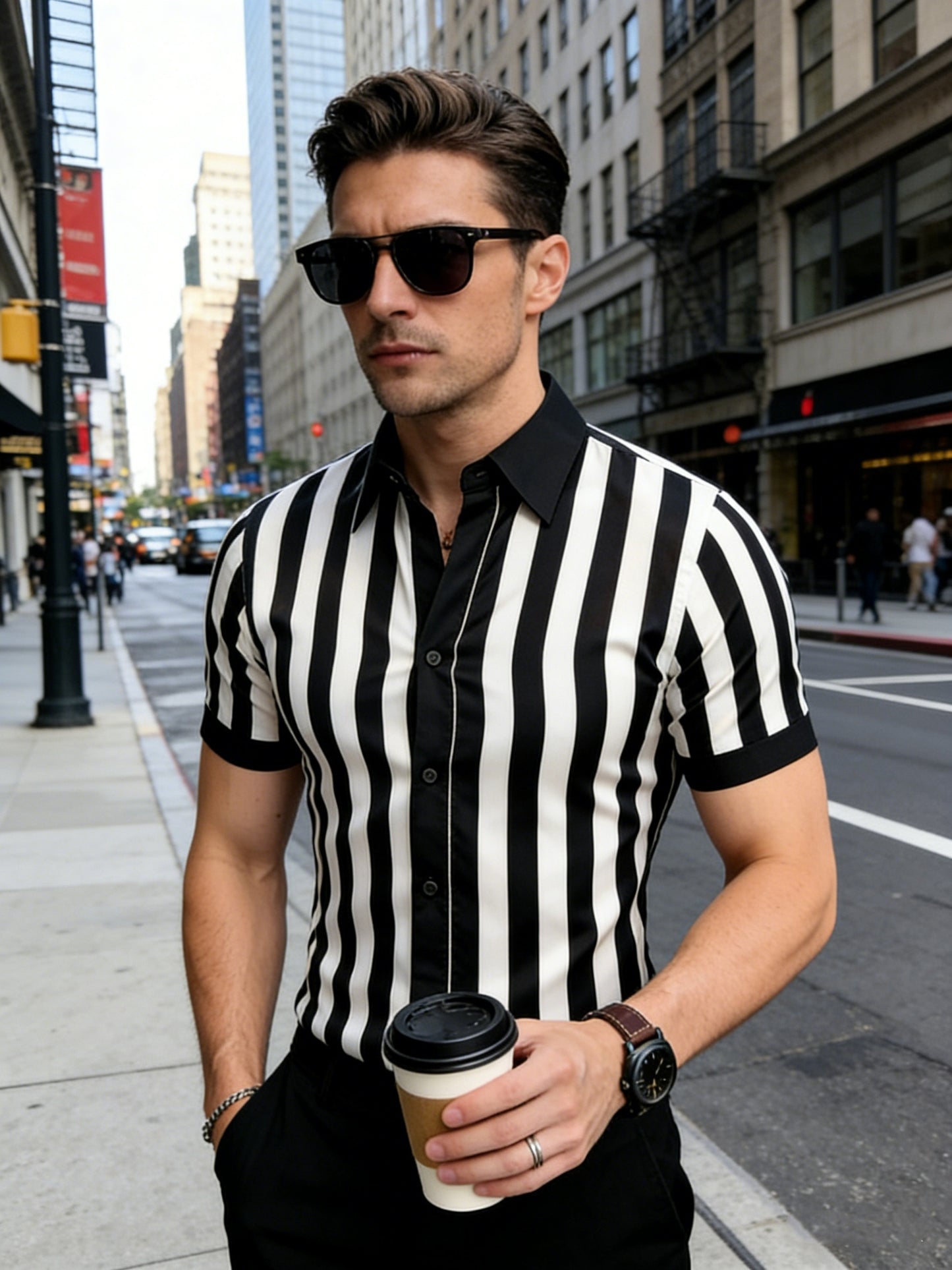 Men's Slim Fit Black & White Striped Short Sleeve Shirt