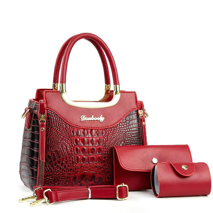 Elegant Crocodile Pattern Women’s Handbag Set with Adjustable Strap