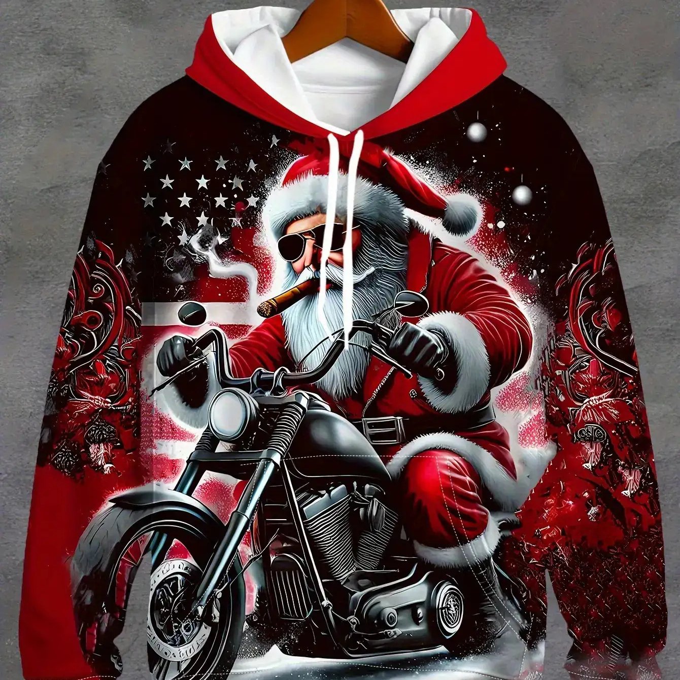 Men'S Christmas Hoodie with Santa Claus Riding Motorcycle & Reindeer Print - Warm Winter Pullover with Kangaroo Pocket, Machine Washable, Regular Fit Casual Long Sleeve Hoodie for Holiday Parties, Home Loungewear & Casual Att